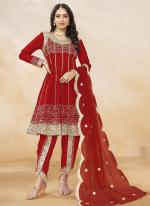 Art Silk Red Wedding Wear Embroidery Work Readymade Afghani Suit